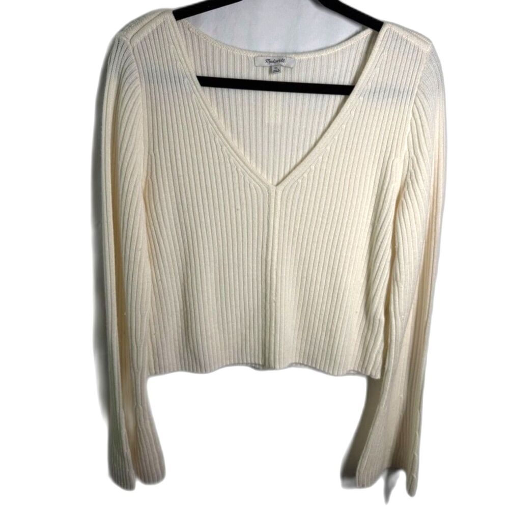 Madewell 100% Merino Wool Ribbed V-Neck Sweater Ivory XL Cropped